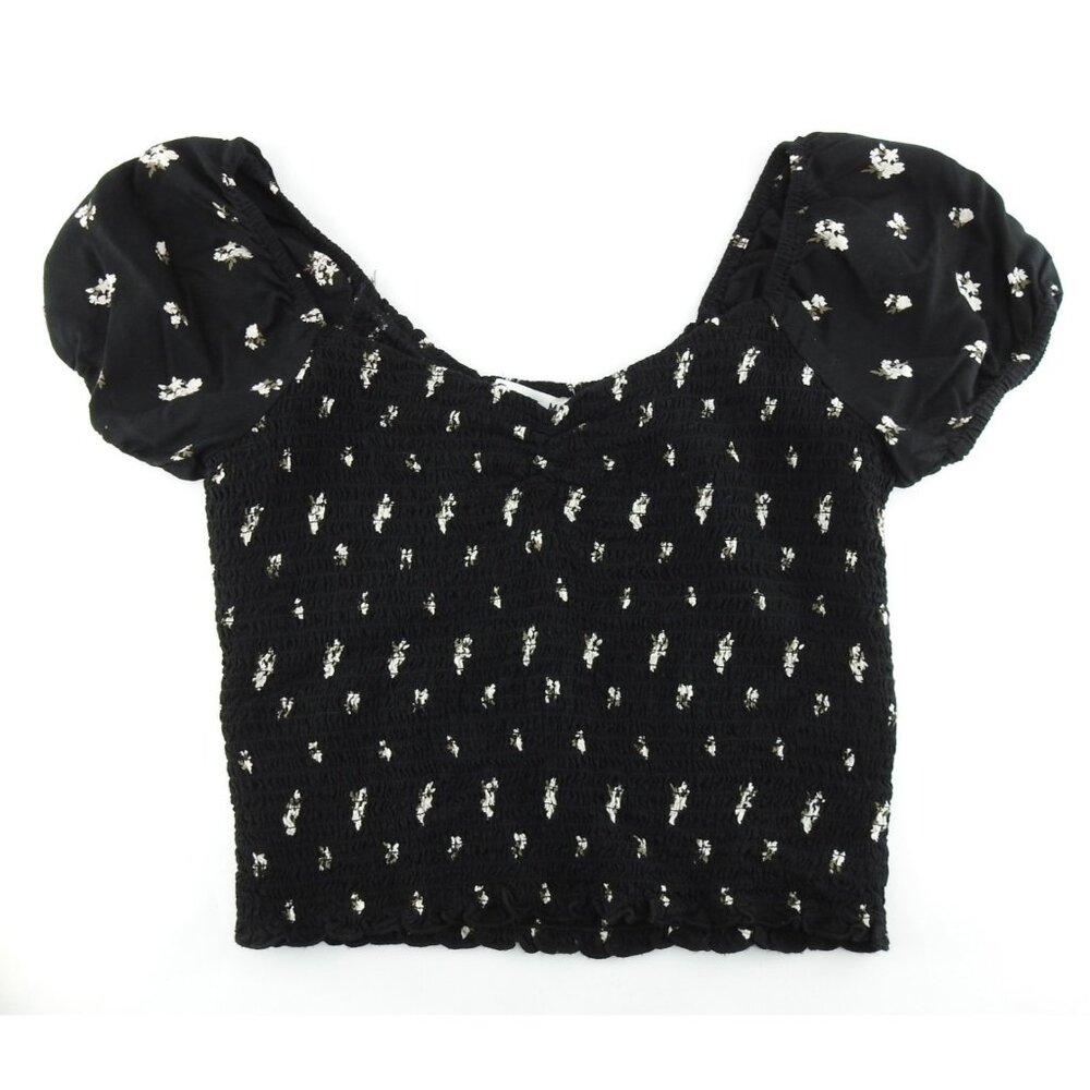 Hollister Black Floral Smocked Puff Sleeve Crop Top XS Cottagecore Sz M - Picture 2 of 8